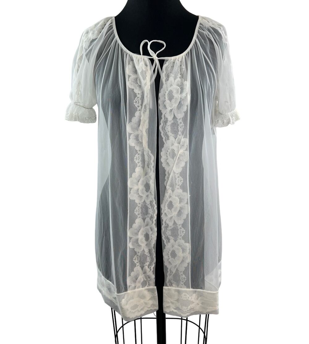 Vintage Movie Star White Sleep Robe Sheer Floral Lace Scoop Neck Tie Sz S Small